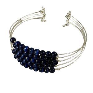 Blue Cats Eye Beaded Silver Tone Wire Adjustable Cuff Bracelet Jewelry Women's